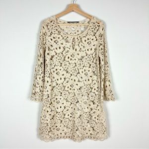 BCBGMAXAZRIA Tan Crochet Bell Sleeve Tunic dress